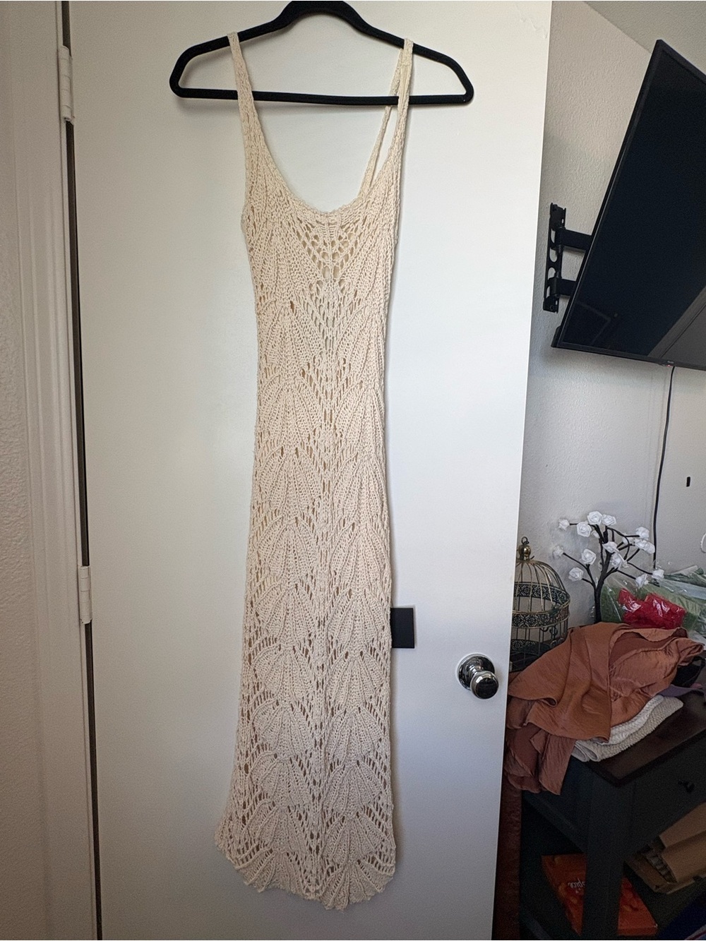 Lulu's Cream Crochet Maxi Dress with Slim Straps